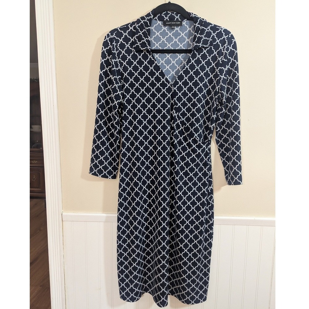 Jones New York Navy Blue White Geometric Faux Wrap Dress Small 3/4 Sleeve‎